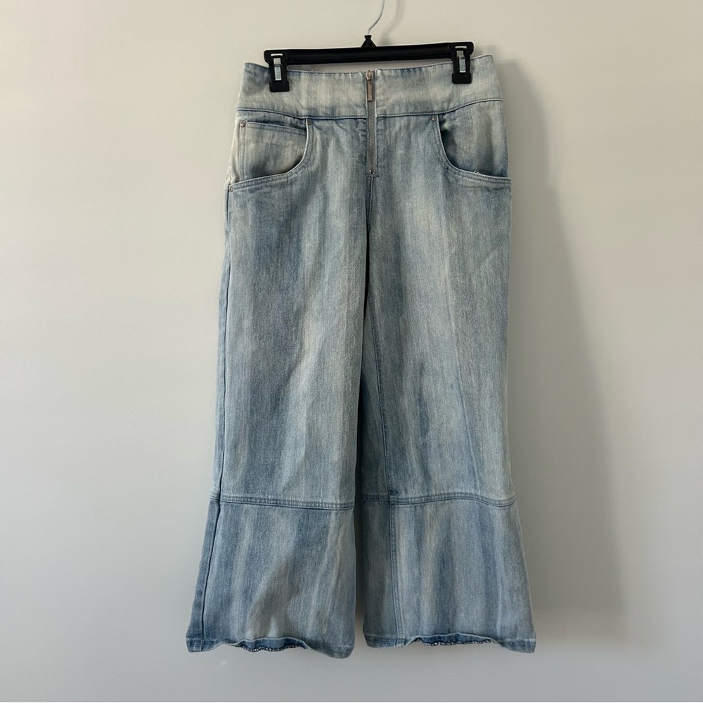 Where Mountains Meet Mid Rise Water Color Blue Wide Leg Cropped Denim Jeans 4